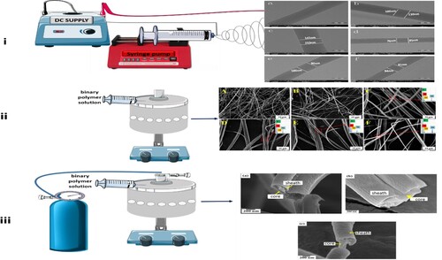 Figure 4. Schematic representations of (i) Electrospinning of poly(lactic acid)/chitosan core–shell nanofibres (a) PLA/SDS-CS = 100/0; (b) PLA/SDS-CS = 80/20; (c) PLA/SDS-CS = 70/30; (d) PLA/SDS-CS = 60/40; (e) PLA/SDS-CS = 50/50; (f) PLA/SDS-CS = 40/60 [Citation130] (ii) Centrifugal spinning of poly(acrylonitrile)/PEG fibres (a) pure PAN fibres, (b) PAN/PEG PCM fibres, and PAN/PEG/SiC PCM fibres: (c) SiC 4.0 wt-%, (d) SiC 6.0 wt-%, (e) SiC 8.0 wt-%, (f) SiC 10.0 wt-% and the corresponding energy dispersive spectra (inset in c to f) [Citation131], (iii) Pressurised gyration (a) 0.1 MPa (b) 0.2 MPa (c) 0.3 MPa and core–sheath nanofibre cross-sections [Citation132]. Reproduced from Ref. [Citation130–132] with permission.