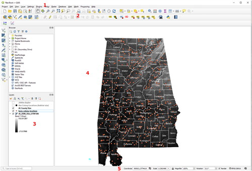 Figure 54. The graphical user interface of QGIS Desktop (version 3.22.6 “Białowieża”, running on Windows). The legend corresponds to the terms used in the official QGIS user Guide: Menu Bar (1), Tool Bar (2), Map Legend (3), Map View (4), Status Bar (5).