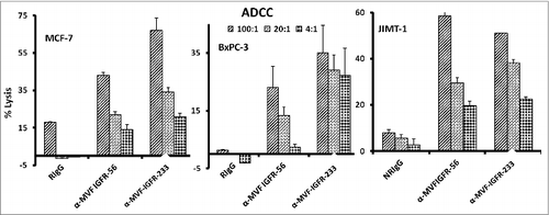 Figure 5. Vaccine antibodies induce ADCC of cancer cells. Target cells (MCF-7, JIMT-1, and BxPC-3) were plated in the presence of human peripheral blood mononuclear cells (PBMCs) at an effector to target ratio of 100:1, 20:1, and 4:1 in triplicates, incubated with 100 μg/mL of the purified anti-peptide rabbit Abs or controls, and incubated for 2–4 hours at 37°C. Antibody dependent cell cytotoxicity (ADCC) was measured by a non –radioactive assay using the aCella-TOX reagent according to manufacturer's instructions. Results are an average of 2 different experiments with each treatment performed in triplicates and error bars represent the mean ± S.D.