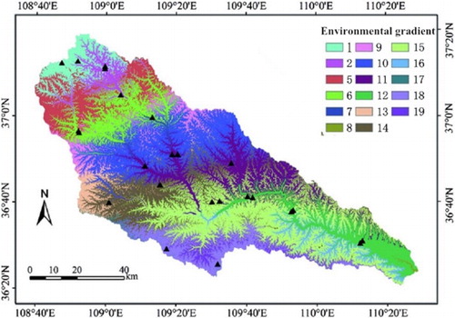 Figure 2. Distribution of sample sites based on environmental gradient classification. *Arabic numerals – environmental gradient; *▲ –sample sites.