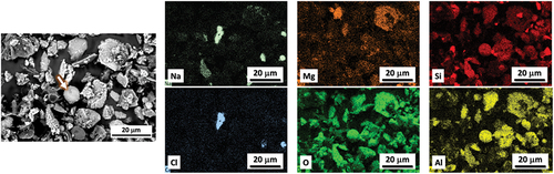 Fig. 4. SEM/EDS map of the dust particulates from site B dust showing a large halite grain and spherical Al-Si oxide particle (noted by the arrow), which is likely fly ash from nearby industrial combustion processes (reproduced from the site B report).[Citation7]