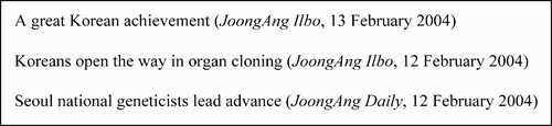 Figure 1. Examples of headlines foregrounding Hwang's breakthrough as a specificallyKorean achievement.