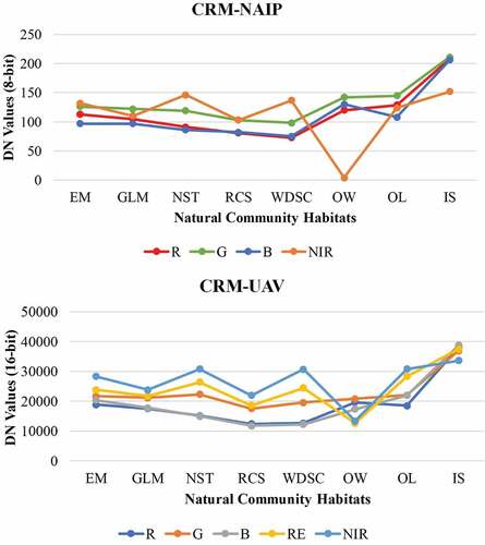 Figure B1. Spectral reflectance signatures for CRM study area shown using NAIP (8-bit-unsigned) and UAV (16-bit-unsigned) imagery DN Values.
