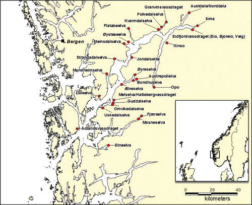 Figure 1. Atlantic salmon and anadromous brown trout rivers entering the Hardangerfjord system. River Etneelva is the southernmost of these rivers.