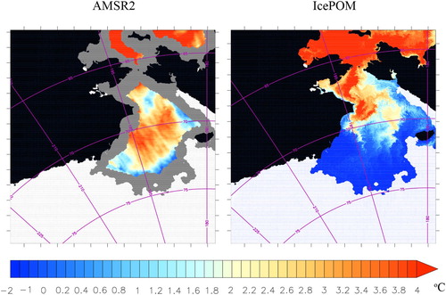 Figure 6. Sea surface temperature distribution on 9 November 2018 (left: AMSR2, right: IcePOM). White areas indicate presence of sea ice and gray areas indicate missing data.