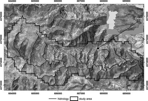 Figure 1.  Location of study area in Chiva (Spain). Black polygon represents area surveyed with LiDAR data.