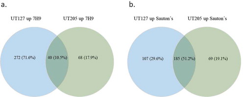 Figure 2. Venn diagram representation of the up-regulated genes among UT127 and UT205. (a). Shows the number and percentage of DE genes for UT127 and UT205 in Middlebrook 7H9 medium and (b). Shows the number and percentage of DE genes for UT127 and UT205 in Sauton’s medium. The UT127 condition appears in blue and UT205 in green. The graphs were obtained using Venny 2.1 software.