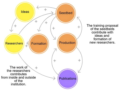 Figure 2. Correction of the Shifting the Burden archetype in the research production of an educational institution, through the participation of research seedbeds. Elaboration: own. Note. Research seedbeds contribute to dynamic relationships between stakeholders (students of different levels, university, and society) (Li, Citation2023).