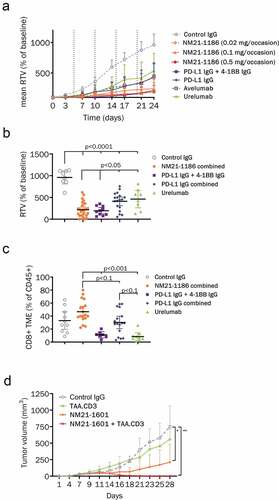 Figure 5. Activity of NM21-1480 in xenograft models. (a), (b) and (c), CD34+ stem cell-substituted NOG mice were engrafted with HCC-827 NSCLC cells. Mice were randomized at day 0 when tumor volumes reached between 80 and 100 mm3, and were treated on days 0, 5, 10, 15, and 20 as indicated by the dotted vertical lines. (a) Relative tumor volume at the indicated times after randomization. Each marker represents mean of 10 animals. (b) Relative tumor volume at the end of the study. Horizontal bars indicate mean (±95% CI). Statistical analysis was performed by one-way ANOVA with Bonferroni correction. The results are representative of two experiments. (c) At the end of the study, tumors were harvested and assessed for infiltration of human T cells by flow cytometry. Each colored marker represents the normalized CD8 + T-cell count in the tumor microenvironment of one mouse (n = 10). Horizontal bars indicate mean (±95% CI). Statistical analysis was performed by one-way ANOVA with Bonferroni correction. (d) NCG mice were injected subcutaneously (s.c.) with H292 cells and human PBMCs on day 0. Mice were treated on days 5, 10, 15, 20 and 25 with a control IgG, a CD3.TAA scMATCH3 molecule, NM21-1601 or the combination of CD3.TAA and NM21-1601. The graph displays tumor volume at the indicated times after randomization. Each point represents mean and standard deviation of 8 animals. Statistical analysis was performed using a two-way ANOVA with Tukey’s multiple comparison test, * p < .05; ** p < .005 compared to control IgG treatment group at day 28