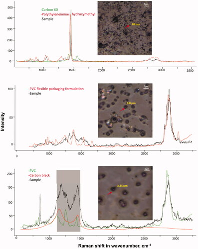 Figure 9. Plastic particles extracted from air samples collected on Teflon filters. Filters were extracted in methanol by 10 min sonication at 40 kHz. Brightfield images of filter extracted material from Teflon filters from the Montreal Congestive Heart Failure study (50x magnification) and Raman spectra of the extracted particles on a CaF2 slide mapped with ‘KnowItAll’. Arrows show the particles for which corresponding Raman spectra are presented. The shaded areas in the Raman spectra (bottom most) show the spectral region of Carbon Black masked to enable detection of PVC particles in this sample. Raman spectra were acquired at 532 nm laser excitation wavelength using 10 mW laser intensity, 1200 line mm−1 grating, 100 µm slit and 300 µm hole.