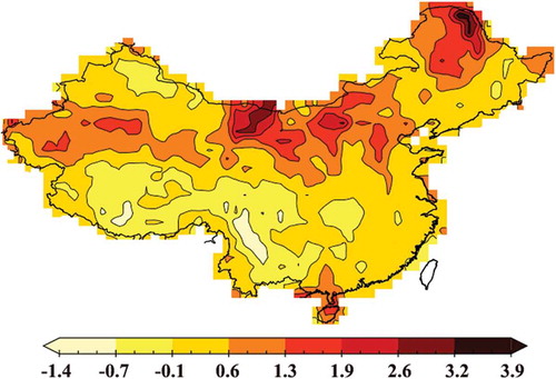 Figure 7. Spatial distribution of OMI UV aerosol index (UVAI) during the dust storm in the territory of continental China on 3–4 May 2017.