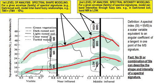 Figure 2. (same as Figure 5 in the Part 1 of this paper, duplicated for the sake of readability of the present Part 2). Examples of land cover (LC) class-specific families of spectral signatures in top-of-atmosphere reflectance (TOARF) values that include surface reflectance (SURF) values as a special case in clear sky and flat terrain conditions. A within-class family of spectral signatures (e.g., dark-toned soil) in TOARF values forms a buffer zone (hyperpolyhedron, envelope, manifold). The SIAM decision tree models each target family of spectral signatures in terms of multivariate shape and multivariate intensity information components as a viable alternative to multivariate analysis of spectral indexes. A typical spectral index is a scalar band ratio equivalent to an angular coefficient of a tangent in one point of the spectral signature. Infinite functions can feature the same tangent value in one point. In practice, no spectral index or combination of spectral indexes can reconstruct the multivariate shape and multivariate intensity information components of a spectral signature.