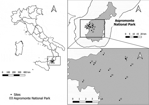 Figure 1. Sampling sites in Aspromonte National Park, Calabria (Southern Italy). Maps produced with QGIS software (https://qgis.org).
