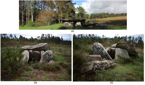 Figure 3. Examples of dolmens found in Costa da Morte. (a) Pedra da Arca (Regoelle), also known as Casa dos Mouros, at top; (b-c) Pedra da Arca (Malpica de Bergantiños) bottom two images. Note that the chambers of these dolmens are below ground as they are both still partially covered by their mounds. Images by Gail Higginbottom.