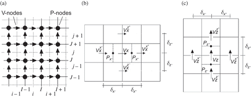 Figure 1. Staggered grid (a) evidencing pressure and velocities nodes, and grid application to the (b) x and (c) z momentum equations.