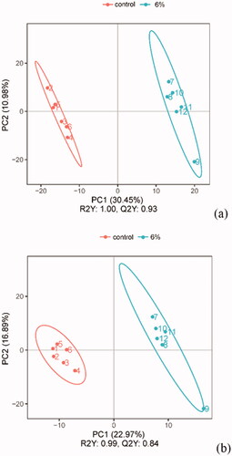 Figure 10. PLS-DA analysis score of quality control under the positive ion mode (a) and negative ion model (b).