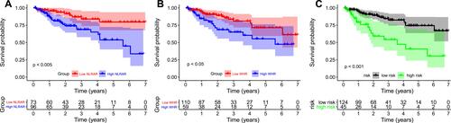 Figure 2 Kaplan–Meier survival curves plotted using data collected from HCC patients undergoing hepatectomy for overall survival. (A) Overall survival rates stratified by NLRAR. (B) Overall survival rates stratified by WHR. (C) Overall survival rates stratified by NWS.