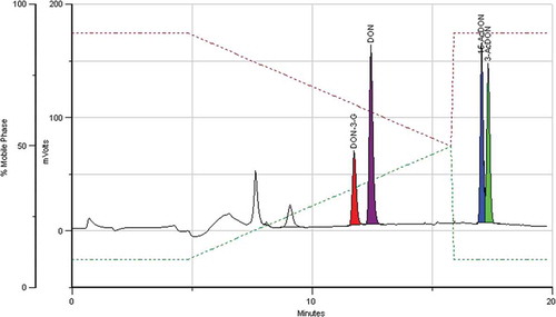 Figure 2. (colour online) Chromatogram of a mixture of DON and conjugates. The IAC column was loaded with 10 ml of an extract obtained from a sample containing 100 µg kg−1 each (corresponding to 200 ng each analyte).