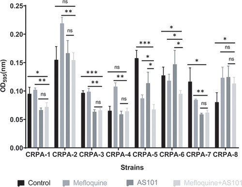 Figure 2 AS101 and mefloquine used separately or jointly on the inhibition of biofilm formation of CRPA. Bars of different colors represented different treatment groups. The data were analyzed by Student’s t test; ns, no statistical significance; *P < 0.05; **P < 0.01; ***P < 0.001. The experiment was conducted three times. Data was expressed in mean±standard deviation; OD595, optical density at 595 nm.