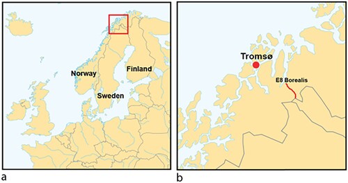 Figure 1. Location of the Borealis project. a: The location of the Borealis site in Northern Europe. b: The location of the Borealis project in relation to the regional capital Tromsø. (© Kartverket under a CC BY 4.0 license, modified by the authors.).