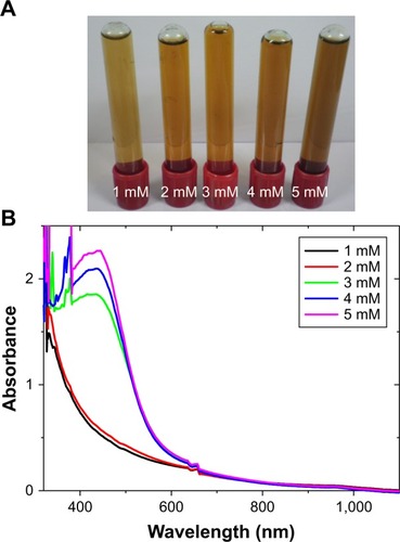 Figure 5 (A) Color of silver nanoparticle solution at different silver nitrate concentrations. (B) Ultraviolet-visible spectra of the variation of silver nitrate concentration.