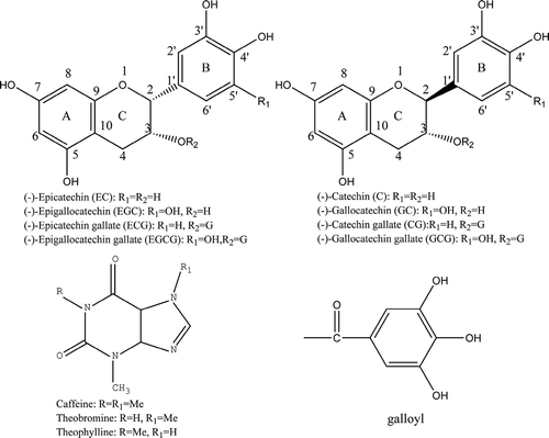 Figure 1. The chemical structures of tea catechins and methylxanthines.