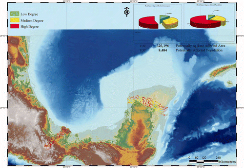 Figure 8. Flooding hazard assessment related to the Stan hurricane event. The assessment of the rain-rate is within the watershed area using cumulate values. (a) Flooding affected population of the study area, (b) flooding affected area.