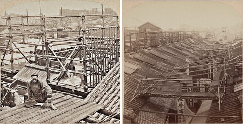 Figure 5. Left: A watchman on a watchtower, by Underwood & Underwood, about 1900. Right: Watchtowers and passageways crossing streets, by Underwood & Underwood, about 1900. Source: Library of Congress, Washington, DC.