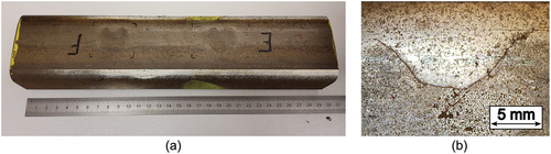 Figure 3. a.) Rail piece with squats and small cracks; b.) Close-up of one squat on the rail piece sample.