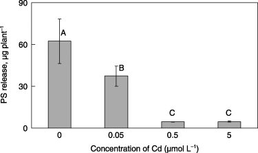 Figure 5  Amount of phytosiderophores (PS) released from the roots of barley plants grown in Fe-deficient media with 0, 0.05, 0.5 or 5 µmol L−1 CdSO4. Each value is the mean ± standard error (n = 3) and different letters at the top of each bar indicate significant differences (P < 0.05) according to the Ryan–Einot–Gabriel–Welsch multiple range test.