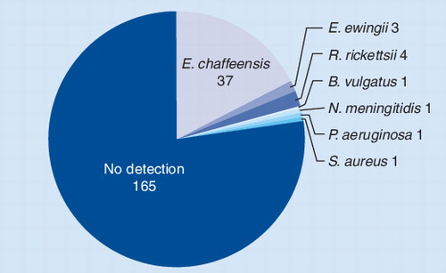 Figure 7. PCR/electrospray ionization/mass spectrometry analysis of samples from patients with suspected tick-borne infections.Pie chart showing the distribution of pathogens detected by PCR/ESI-MS from patients with suspected tick-borne infections. Of the 213 specimens tested, 40 (18.8%) tested positive for Ehrlichia chaffeensis or Ehrlichia ewingii.