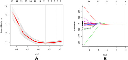 Figure 2 Radiomics feature reduction and selection using the least absolute shrinkage and selection operator (LASSO) binary model. (A) Selection by the LASSO model utilized 10-fold cross-validation with the minimum criteria. The binomial deviances were plotted against log (lambda). Dotted vertical lines mark the optimal value applying the minimum criteria with 1 standard error (the 1-SE criteria). The optimal λ value of 0.101 with log(λ) =−2.291 was selected. (B) LASSO coefficient profiles of the 357 radiomics features. The vertical line was delineated at the optimal value by 10-fold cross-validation, and 3 features were chosen with nonzero coefficients in the plot.