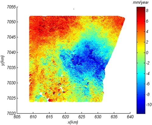 Figure 3. Surface velocity map, related to the time period April 2003 and January 2007 (ENVISAT data set), obtained by applying the A-InSAR method of StaMPS-MTI. Source: (Brunori et al. Citation2013). Coordinates are in UTM.