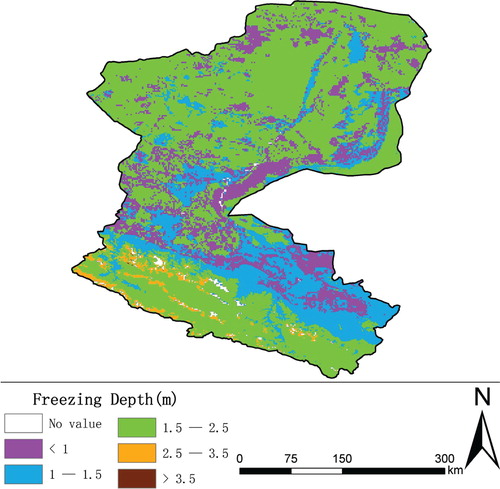 FIGURE 10. The mean freezing depth from 2000 to 2008 in the Heihe River Basin, China.