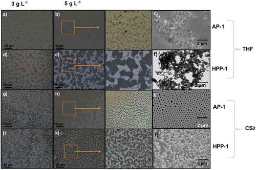 Figure 4. Optical (first three columns) and scanning electron microscopy (last column) pictures of porous films prepared for AP-1 block copolymer at 3 g L−1 (4.a) and 5 g L−1 (4.b) in THF, and at 3 g L−1 (4.g) and 5 g L−1 (4.h), in CS2 and for HPP-1 block copolymer at C = 3 g L−1 (4.d) and 5 g L−1 (4.e) in THF and at 3 g L−1 (4.j) and 5 g L−1 (4.k), in CS2 on glass substrate at relative humidity 75%