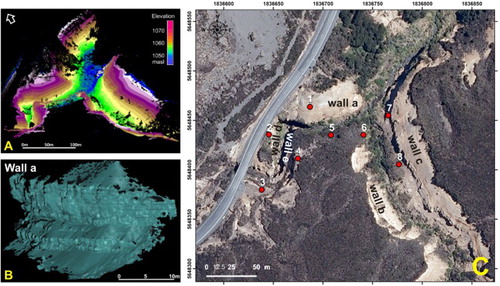 Figure 4. Terrestrial laser scanning survey. A, Upper Waikato Stream (UWS) 3D point cloud data. B, Oblique view of the digital outcrop model of the wall ‘a’ in the Upper Waikato Stream Fault built with 3DReshaper Application. C, Satellite image (using Google Earth images, 2015) showing the scanning locations and river exposures (walls) for the terrestrial laser scanning survey in the Upper Waikato Stream, section 1 (see location on Figure 3).