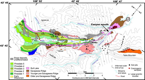 FIGURE 2. Map of Pleistocene glacial deposits in and near Sinks Canyon. Elevations of contour lines are in feet and are generalized from those on the Cony Mountain, Fossil Hill, Mt. Arter SE, Lander, and Wolf Point U.S. Geological Survey 7.5-ft topographic maps (Wyoming)