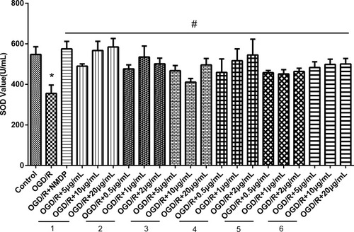 Figure 10 Effects of the identified compounds on SOD levels in cell supernatant. (1) calycosin-7-O-glucoside; (2) calycosin; (3) paeoniflorin; (4) 4-hydroxycinnamic acid; (5) wogonoside; (6) formononetin. (*P < 0.05 vs control group, #P < 0.05 vs OGD/R group; n = 6).