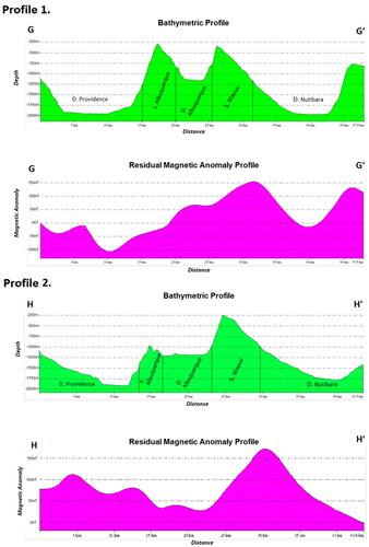 Figure 11. Profile 1 and 2. Correlations between bathymetric and magnetic data obtained from the residual field surface and bathymetry.