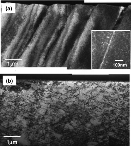 Figure 19 Near-surface deformation microstructure in CW type 316 SSs deformed to 3% at 320°C: (a) irradiated to 35 dpa showing coarse slips and surface steps with an enlarged image of the dislocation channel and (b) unirradiated showing tangled dislocations [Citation245]