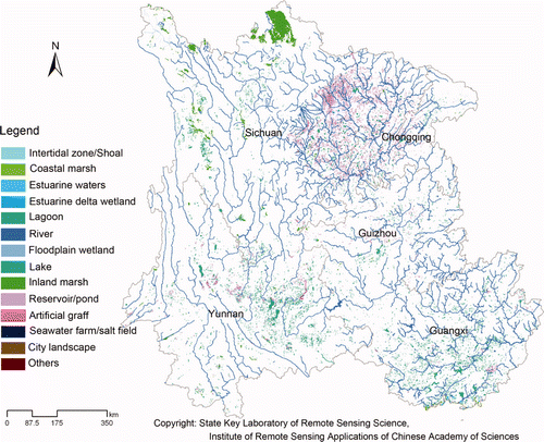 Figure 3. Wetland distributions in the five provinces of southwestern China in 2000.