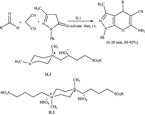 Scheme 81. Synthesis of pyranopyrazoles using 1,4-dimethyl-1-(4-sulphobutyl)piperazinium hydrogen sulfate.