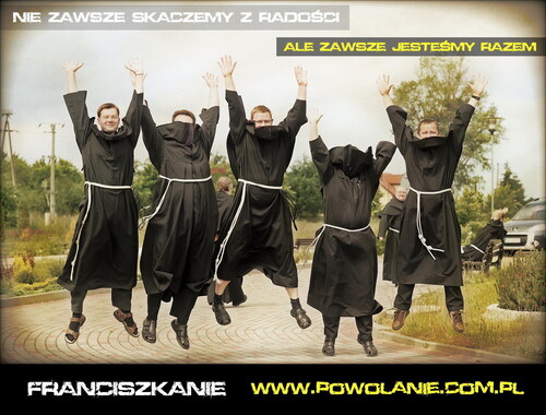 Figure 3. Vocation poster of the franciscans (author unknown). [Nie zawsze skaczemy z radości, ale zawsze jesteśmy razem → We do not always jump for joy, but we are always together]. [Franciszkanie → The Franciscans]. Source: “Plakaty powołaniowe.” 2022. Accessed 11 February 2023. https://koden.com.pl/2022/10/19/rekolekcje-powolaniowe-u-oblatow/