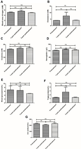 Figure 3 Live, kidney function and immunoglobulin character of test. BUN (A), cholesterol (B), creatinine (C), hemoglobin (D), blood glucose (E), triglyceride (F) and uric acid (G) before treatment and 1-year posttreatment and 3-year posttreatment with umbilical cord mesenchymal stem cells (UC-MSCs) plus disease-modifying anti-rheumatic drugs (DMARDs). Pre-treatment versus after the first or second treatment, ns represents no significance difference (n = 64).