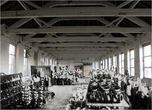 Figure 10. The stiff hat curling and trimming department in c. 1910 (© Stockport Local Heritage Library) superimposed on a view across the upper floor of trimming and finishing range in 2022 (© University of Salford).