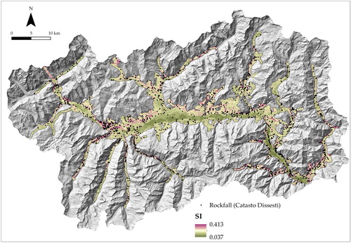 Figure 6. Susceptibility map of the road network of the AVR; black dots correspond to the rockfall events collected in the ‘Catasto Dissesti’ regional inventory within the AOI.