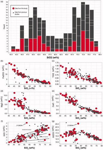 Figure 9. Summary of whole-rock geochemical data from the St Peter Suite. Red data points are data from this study. Grey data points are compiled from previous studies (Chalmers, Citation2009; GSSA unpublished data; Dove, Citation1997; Ferris, Citation2001; Knight, Citation1997; Swain et al., Citation2008). Data tabulated in Table S3. (a) Histogram of SiO2 (wt%) for all data. (b) Fe2O3 vs SiO2. (c) TiO2 vs SiO2. (d) MgO vs SiO2. (e) CaO vs SiO2. (f) K2O vs SiO2. (g) Al2O3 vs SiO2.