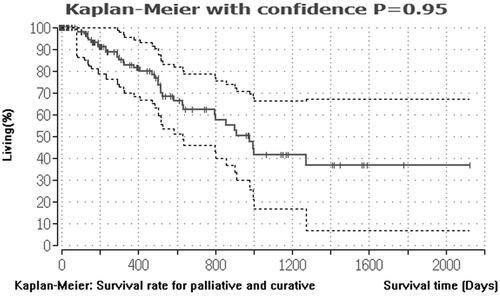 Figure 3. Median survival rate for all patients. Kaplan–Meier curve of the median monitoring rate for 132 CRLM patients with curative and palliative treatment indications. All microwave ablations were performed between 2010 and 2017.