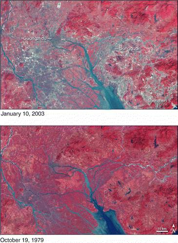 Figure 3 Urbanization in the Pearl River Delta; 1979, 2003. Source: http://earthobservatory.nasa.gov/, a government document.