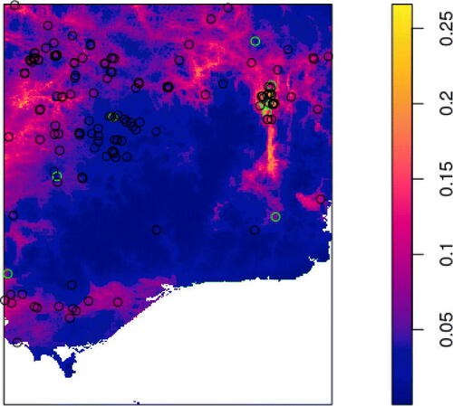 Fig. 5 Sightings of capeweed between 2012 and 2018 in South-East Australia (in black) with those in year 2017 highlighted in green, along with the predicted quasi-intensity in 2017.
